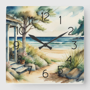 Watercolor Painting Sea View Front Porch Square Wall Clock