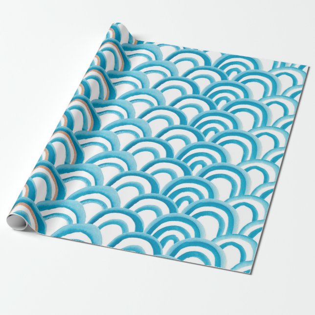 Watercolor painting seamless pattern with blue wav wrapping paper (Unrolled)