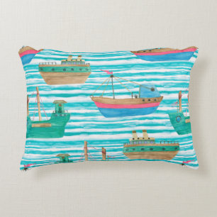 Watercolor painting seamless pattern with boats on accent pillow