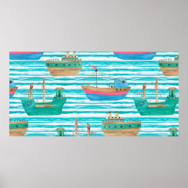 Watercolor painting seamless pattern with boats on poster (Front)