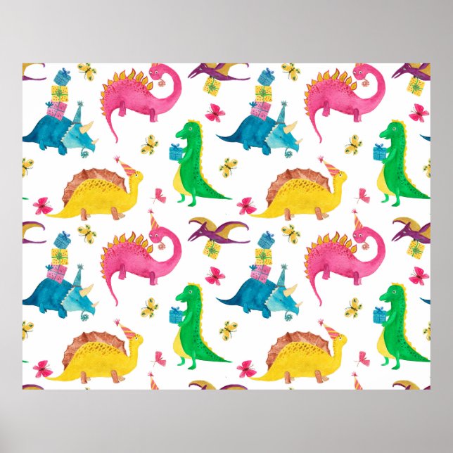 Watercolor painting seamless pattern with dinosaur poster (Front)