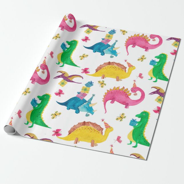Watercolor painting seamless pattern with dinosaur wrapping paper (Unrolled)