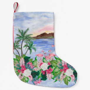 Watercolor painting seamless pattern with hawaiian small christmas stocking