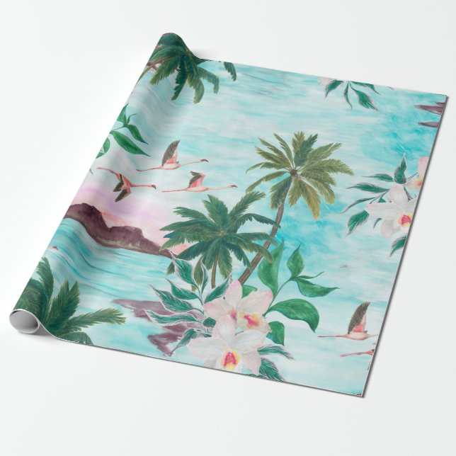 Watercolor painting seamless pattern with hawaiian wrapping paper (Unrolled)