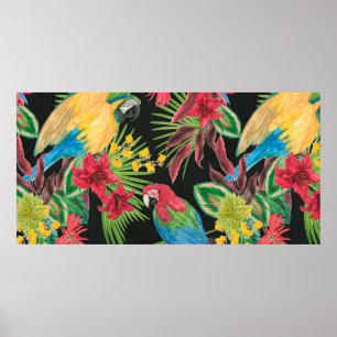 Watercolor painting seamless pattern with parrots poster