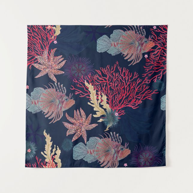 Watercolor painting seamless pattern with red lion tapestry (Front)