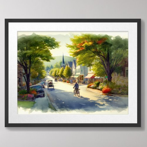 Watercolor Painting Small Town Main Street USA Poster
