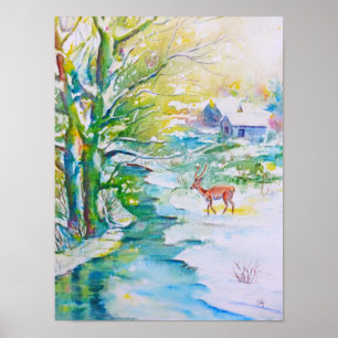 Watercolor Painting Snow Deer Stream Landscape Poster