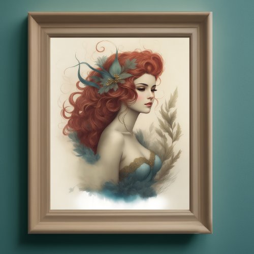 Watercolor Painting Stunning Woman Red Hair Poster