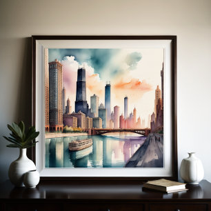 Watercolor Painting Urban City River Scene 1:1 Poster