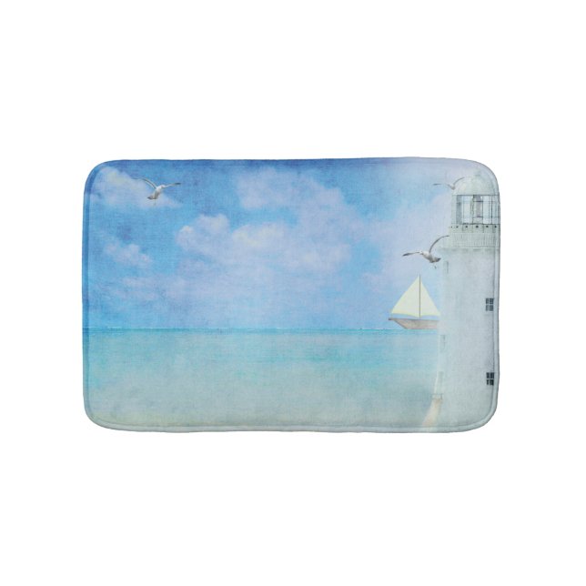 watercolor painting-white lighthouse with sailboat bathroom mat (Front)