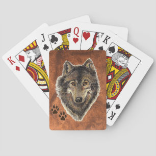 Watercolor Painting Wolf with Animal Tracks Poker Cards