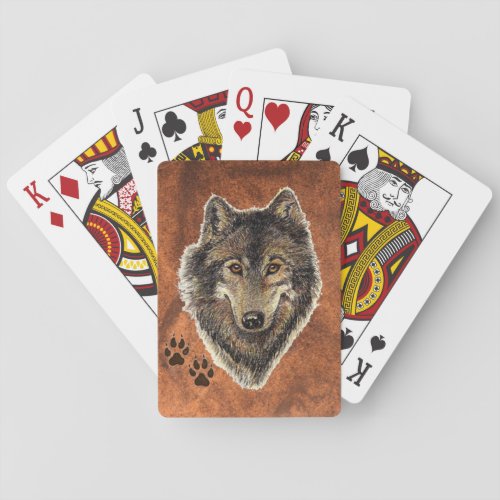 Watercolor Painting Wolf with Animal Tracks Poker Cards