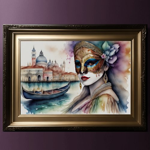 Watercolor Painting Woman Wearing Mask Poster