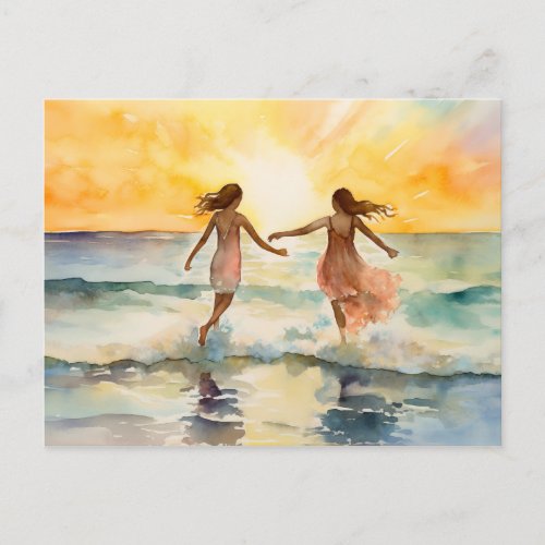 Watercolor paintings of girls walking on the beach postcard