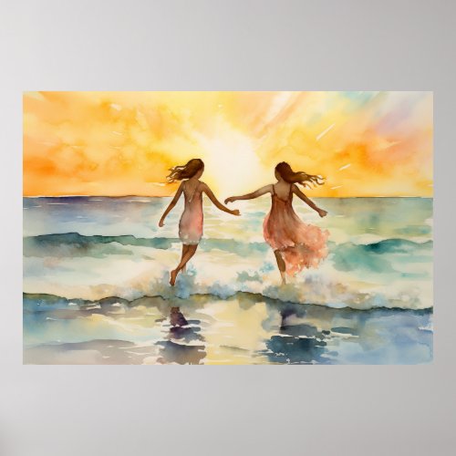 Watercolor paintings of girls walking on the beach poster