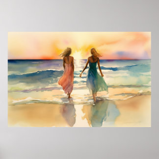 Watercolor paintings of girls walking on the beach poster