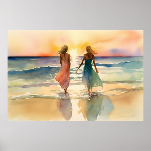 Watercolor paintings of girls walking on the beach poster