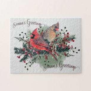 Watercolor Pair of Cardinals Christmas Design Jigsaw Puzzle