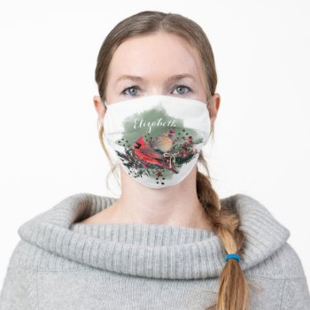 Watercolor Pair Of Cardinals Holiday Design Adult Cloth Face Mask by Vanillaextinctions at Zazzle