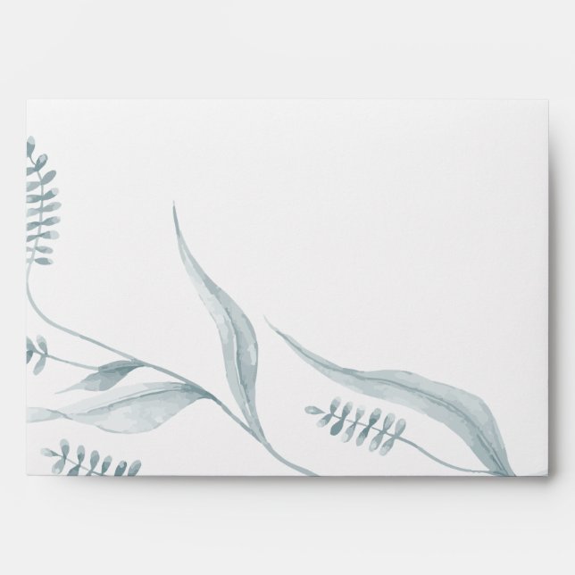 Watercolor Pale Dusty Blue Leaves and Floral Envelope (Front)