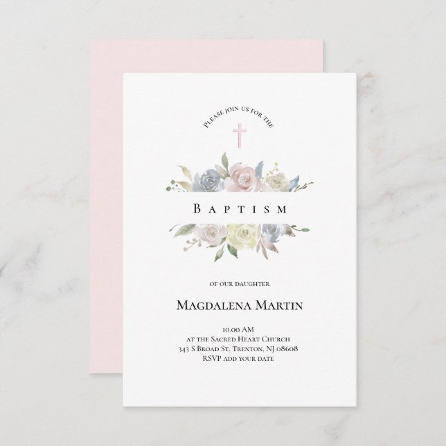 watercolor pale flowers Baptism Invitation (Front/Back)