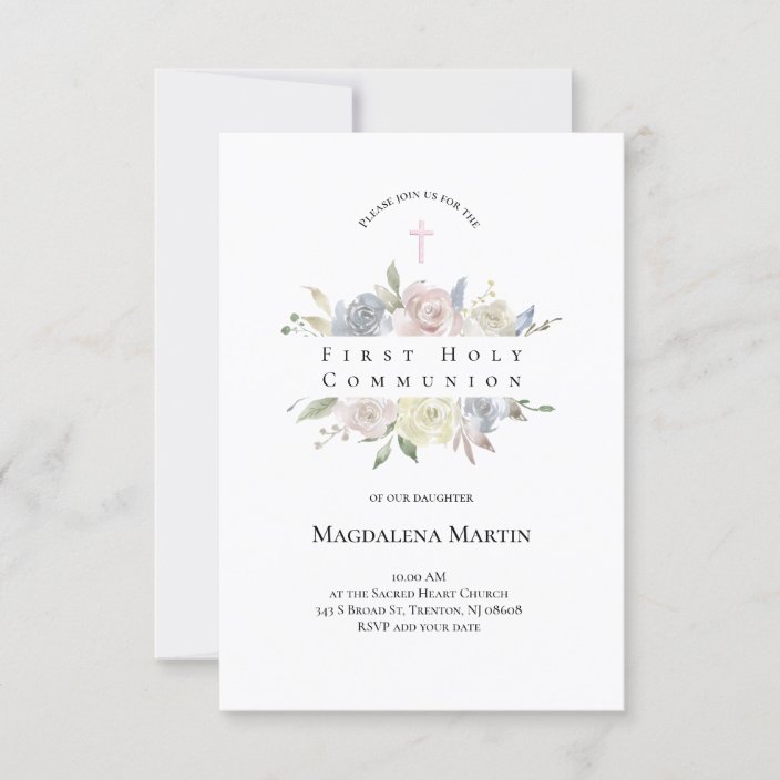 watercolor pale flowers First Communion Invitation | Zazzle.com