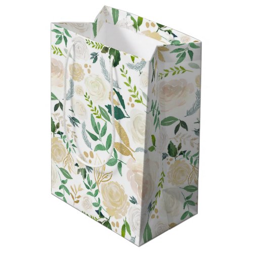 Watercolor Pale Peonies and Gold Glitter Foliage Medium Gift Bag