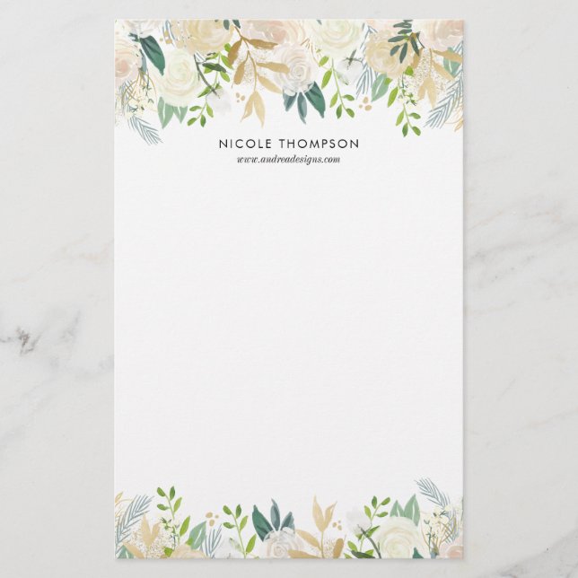 Watercolor Pale Peonies Gold Accents Personalized Stationery (Front)