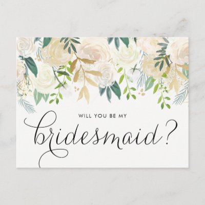 Watercolor Pale Peonies Will You Be My Bridesmaid Invitation Postcard