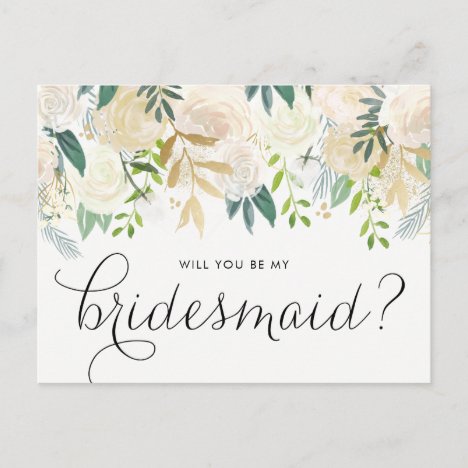 Watercolor Pale Peonies Will You Be My Bridesmaid Invitation Postcard