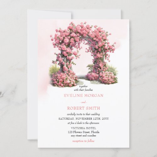 Watercolor pale pink roses rustic wedding arch invitation