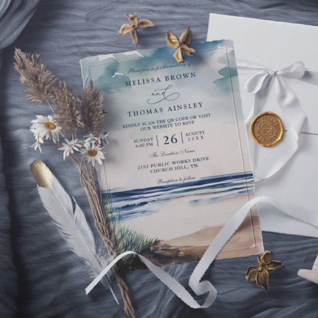 Watercolor Palm And Beach Grass QR Code Wedding Invitation (Creator Uploaded)