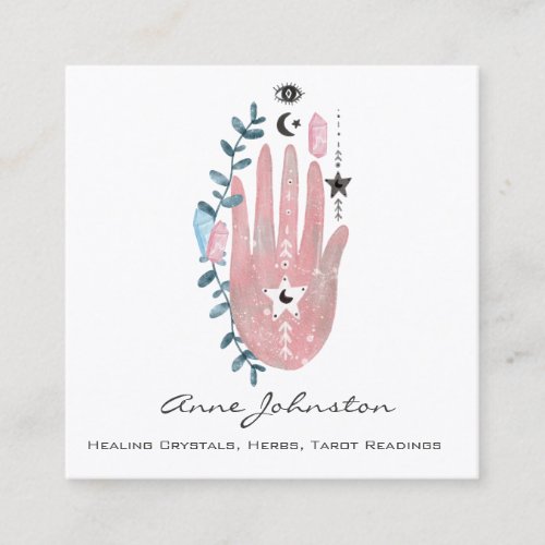 Watercolor Palm and Crystals Square Business Card