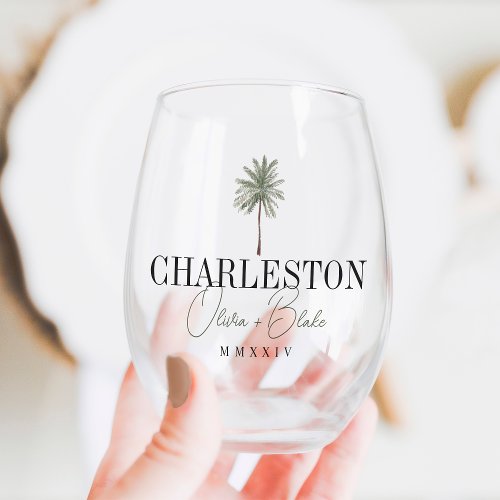 Watercolor Palm Destination Wedding Favor Stemless Wine Glass