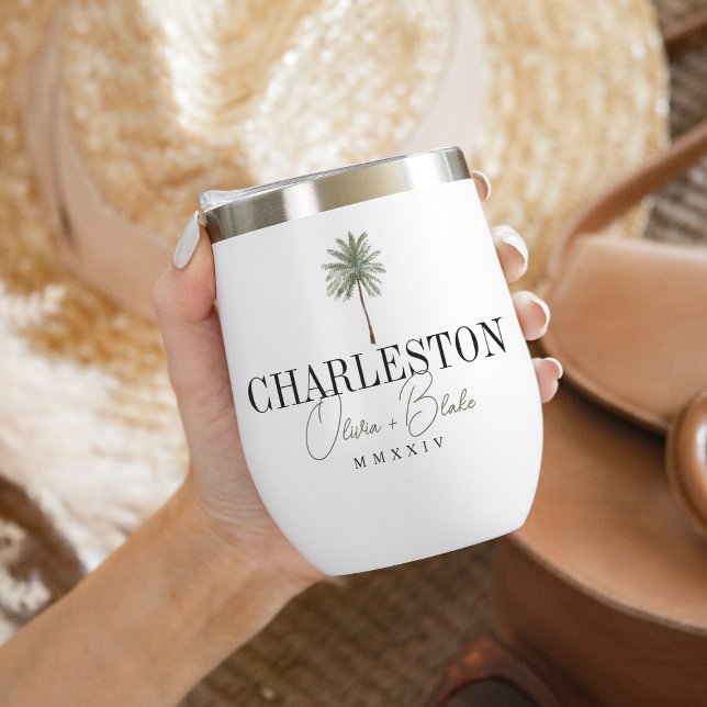 Watercolor Palm Destination Wedding Favor Thermal Wine Tumbler (Creator Uploaded)