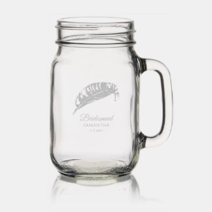 Watercolor Palm Leaves Bridesmaid Wedding Favor Mason Jar W/ Handle