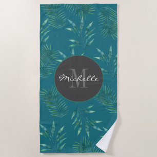 Watercolor Palm Leaves Custom Monogram First Name Beach Towel