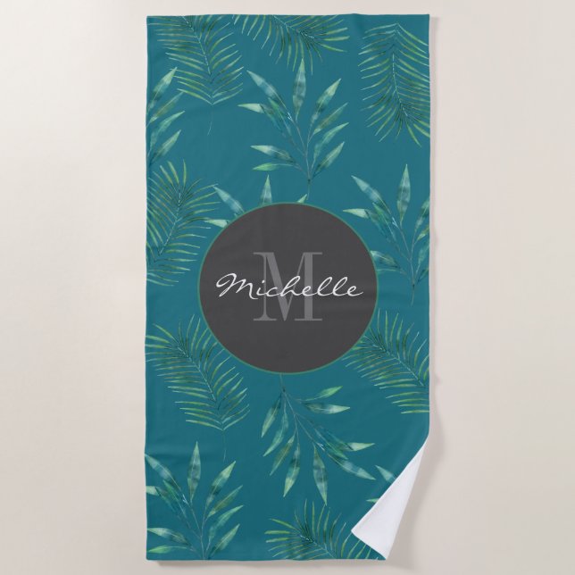 Watercolor Palm Leaves Custom Monogram First Name Beach Towel (Front)