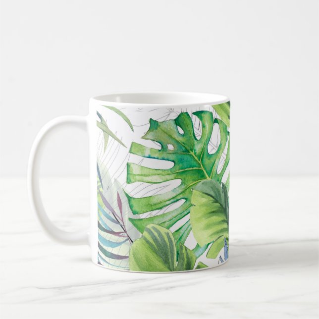 Watercolor palm leaves, exotic seamless background coffee mug (Left)