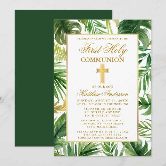 Watercolor Palm Leaves First Holy Communion Gold Invitation (Front/Back)