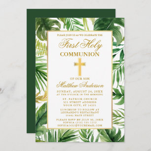 Watercolor Palm Leaves First Holy Communion Gold Invitation