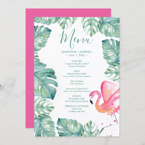Watercolor Palm Leaves Pink Flamingo Tropical Menu Invitation