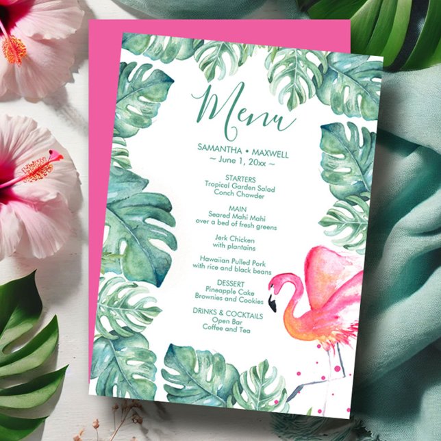 Watercolor Palm Leaves Pink Flamingo Tropical Menu Invitation (tropical destination wedding pink flamingo and palm leaf menu cards watercolor Victoria Grigaliunas)