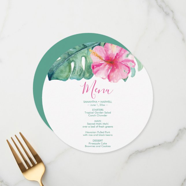 Watercolor Palm Leaves Pink Hibiscus Tropical Menu (Front/Back In Situ)