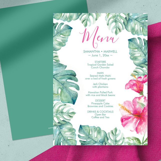 Watercolor Palm Leaves Pink Hibiscus Tropical Menu Invitation (menu card tropical vibrant pink hibiscus flowers monstera palm leaves. )