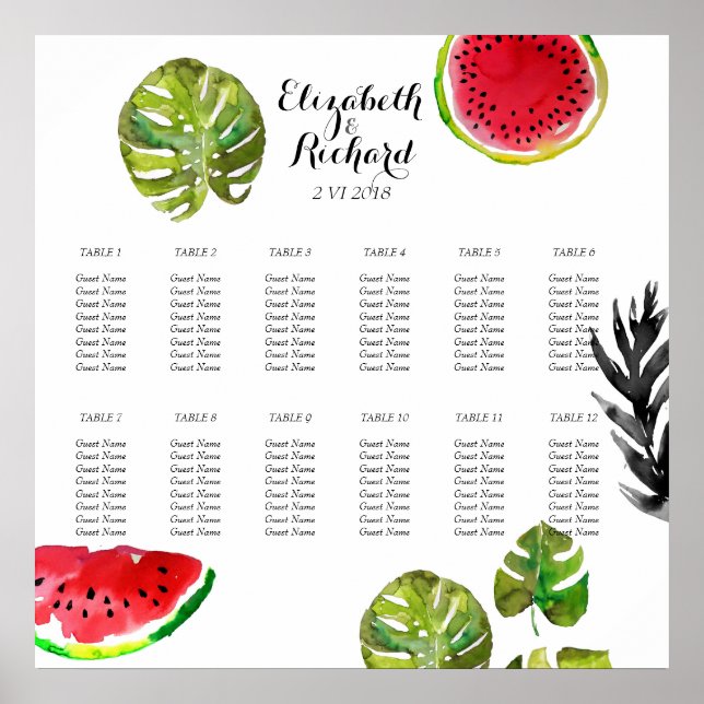 Watercolor palm leaves watermelon Seating Chart (Front)