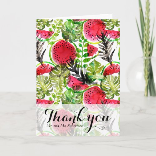 Watercolor palm leaves watermelon  Thank You Card