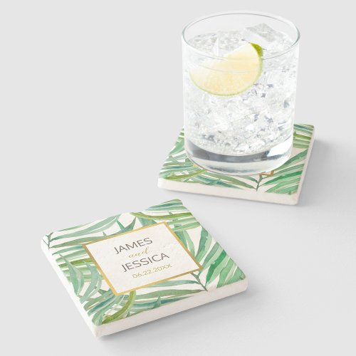 Watercolor Palm Leaves Wedding Date Gift Stone Coaster