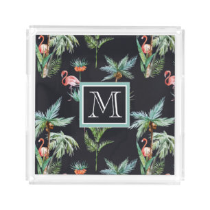 Watercolor Palm Pattern Add Your Initial Acrylic Tray
